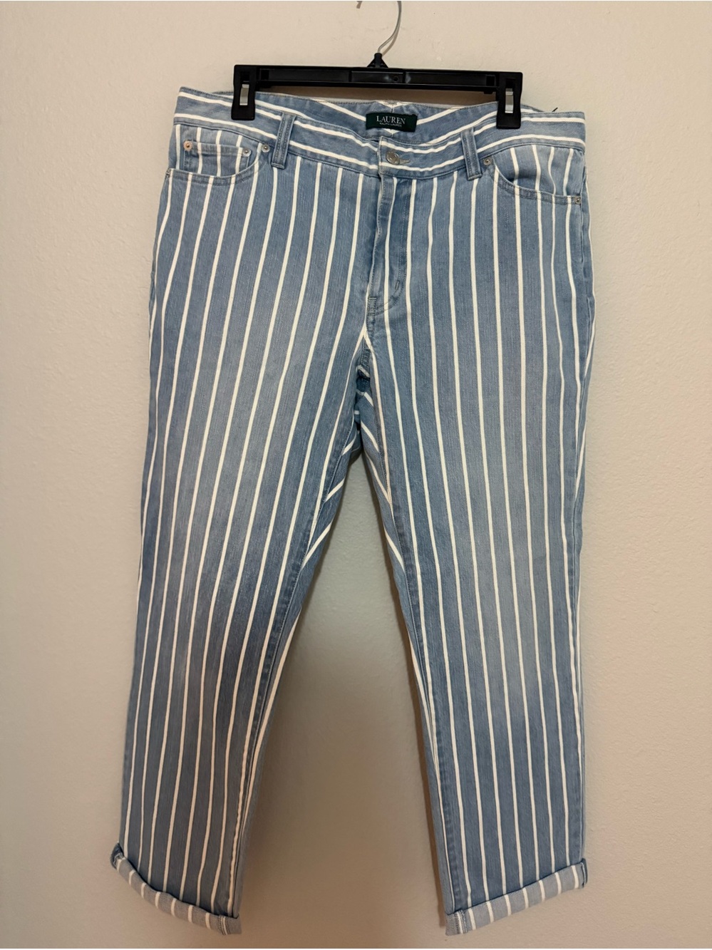 Lauren by Ralph Lauren Blue and White Striped Ankle Jeans